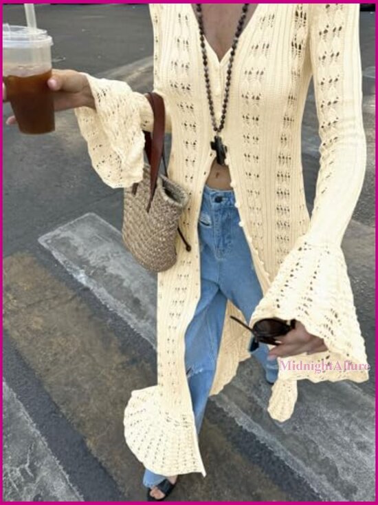 Long Crochet Cardigan Duster Button Up Bell Sleeve Boho Cover Up - Picture 4 of 7